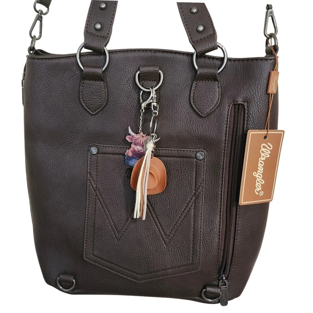 Wrangler Tote Bag Coffee Brown Faux Leather Western Cowgirl Cowboy Hat Charms CC
